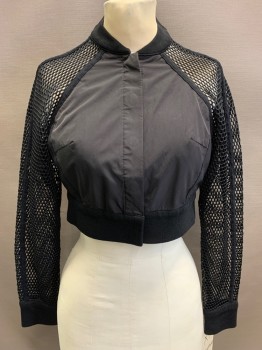 Womens, Casual Jacket, JOHNATHAN SIMKHAI, Black, Polyester, Nylon, Solid, XS, Black, Button Front, Cropped, Net Sleeves