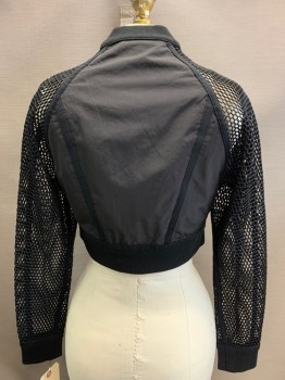 Womens, Casual Jacket, JOHNATHAN SIMKHAI, Black, Polyester, Nylon, Solid, XS, Black, Button Front, Cropped, Net Sleeves
