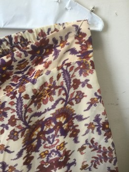 LIKE MYNDED, Ecru, Brick Red, Purple, Mustard Yellow, Polyester, Floral, Abstract , Ecru with Brick, Purple and Mustard Floral/Swirl Pattern Chiffon, Wide Leg Palazzo Pants, 1.5" Wide Self Waistband with Elastic Waist in Back, Side Pockets