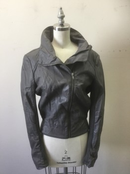 Womens, Leather Jacket, NITROGEN, Gray, Polyurethane, Polyester, Solid, M, Faux Leather, Rib Knit Under Sleeve and Wide Waist Band, Motorcycle, Zip Front, 2 Pockets, High Collar