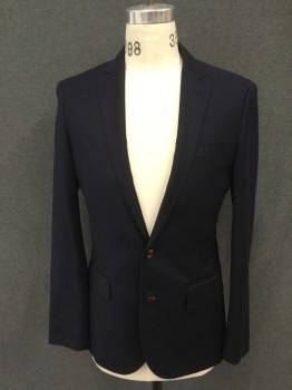 J CREW, Navy Blue, Polyester, Wool, Solid, Single Breasted, Collar Attached, Notched Lapel, 3 Pockets, 2 Buttons