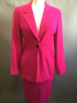 Womens, 1990s Vintage, Suit, Jacket, DANA BUCHMAN, Hot Pink, Wool, Solid, W:28, B:40, Notched Lapel, One Black Button Front, Slit Pockets, Crepe, Above Knee Jacket
