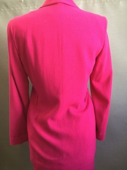 Womens, 1990s Vintage, Suit, Jacket, DANA BUCHMAN, Hot Pink, Wool, Solid, W:28, B:40, Notched Lapel, One Black Button Front, Slit Pockets, Crepe, Above Knee Jacket
