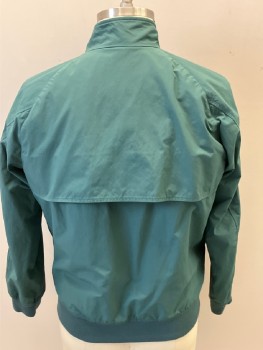 Mens, Casual Jacket, BROOKS BROTHERS, Jade Green, Nylon, Cotton, Solid, L, Stand Collar with 2 Btns, Zip Front, Rib Knit Neck/ Cuffs/ Waistband, 4 Front Pckts, Back Air Vent