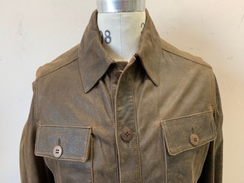 Mens, Leather Jacket, JIMMY AU , Brown, Leather, Solid, 40S, S, Button Front, Aged/Distressed Crackling, Unlined, 4 Button Flap Pockets,