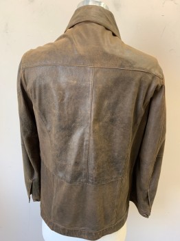 Mens, Leather Jacket, JIMMY AU , Brown, Leather, Solid, 40S, S, Button Front, Aged/Distressed Crackling, Unlined, 4 Button Flap Pockets,