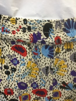 H&M, Multi-color, White, Lt Blue, Yellow, Red, Viscose, Geometric, Abstract , White with Black Specks, Red/Purple/Gray/Yellow/Light Blue Funky Abstract Shapes, Elastic Waist, Skinny Leg, 3 Pockets, 80's Inspired