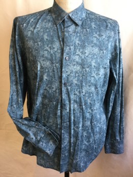 Mens, Casual Shirt, VINCE, Teal Green, Black, Sea Foam Green, Cotton, Floral, Novelty Pattern, L, Collar Attached, Button Front, Long Sleeves,