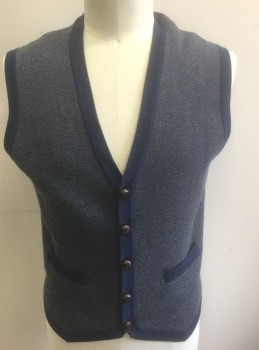 Mens, Sweater Vest, BROOKS BROTHERS, Navy Blue, Gray, Wool, Herringbone, L, Knit, 5 Knotted Leather Buttons at Front, V-neck, 2 Welt Pockets, Trim and Back are Solid Navy