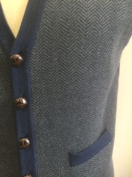 Mens, Sweater Vest, BROOKS BROTHERS, Navy Blue, Gray, Wool, Herringbone, L, Knit, 5 Knotted Leather Buttons at Front, V-neck, 2 Welt Pockets, Trim and Back are Solid Navy