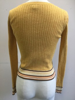 TOP SHOP, Mustard Yellow, Black, Dusty Orange, Cream, Cotton, 2 Color Weave, Stripes - Horizontal , Rib Knit, Long Sleeves, Stripes at Waist and Cuffs