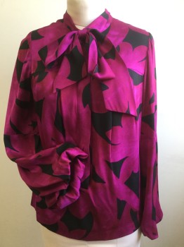 DVF, Black, Fuchsia Pink, Silk, Lycra, Floral, Pullover with 6 Button Placket, Long Sleeves with Balloon at Wrist, Pussycat Bow