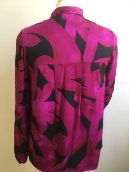 DVF, Black, Fuchsia Pink, Silk, Lycra, Floral, Pullover with 6 Button Placket, Long Sleeves with Balloon at Wrist, Pussycat Bow