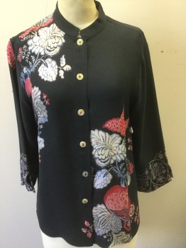 CITRON, Black, Red, Off White, Beige, Slate Blue, Silk, Floral, Solid, Crepe, 3/4 Sleeve, Button Front, Mandarin Collar, Southeast Asian Inspired Look,