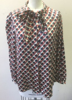 MARC BY MARC JACOBS, Multi-color, Ecru, Red, Teal Blue, Navy Blue, Silk, Cotton, Geometric, Satiny Material, Long Sleeve Button Front, Collar Has Self Ties, Covered Button Placket, Puffy Sleeves Gathered at Shoulders