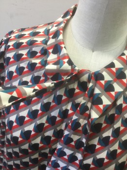 MARC BY MARC JACOBS, Multi-color, Ecru, Red, Teal Blue, Navy Blue, Silk, Cotton, Geometric, Satiny Material, Long Sleeve Button Front, Collar Has Self Ties, Covered Button Placket, Puffy Sleeves Gathered at Shoulders