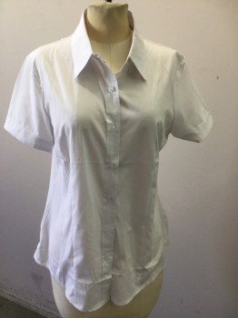 MEI TEER, White, Cotton, Polyester, Solid, Collar Attached, Button Front, Short Sleeves,