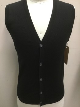 Mens, Sweater Vest, BLOOMINGDALES, Black, Wool, Solid, S, V-neck, Button Front