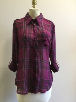 GUESS, Purple, Black, White, Blue, Lt Gray, Polyester, Plaid, Button Front, Collar Attached, Long Sleeves, Sheer, Epaulets, Button Tab Roll Up Sleeve, 1 Pocket