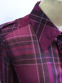 GUESS, Purple, Black, White, Blue, Lt Gray, Polyester, Plaid, Button Front, Collar Attached, Long Sleeves, Sheer, Epaulets, Button Tab Roll Up Sleeve, 1 Pocket