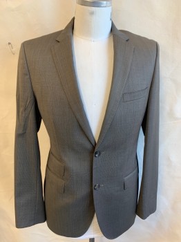 BOSS, Brown, Lt Brown, Wool, Polyamide, 2 Color Weave, Hand Stitches on Notched Lapel, Front Placket & Pockets, Single Breasted, 2 Button Front, 4 Pockets, Shinny Light Brown Lining, Long Sleeves, 2 Split Back Hem with Matching Pants