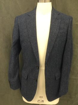 J. CREW, Dk Blue, Black, Wool, Herringbone, Tweed, Heathered, Single Breasted, Collar Attached, Notched Lapel, 2 Buttons,  3 Pockets, Long Sleeves