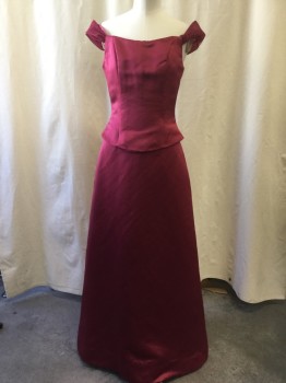 Womens, Evening Gown, INTERLUDE, Iridescent Red, Polyester, Solid, B32, 4, W26, Bateau/Boat Neck, Off the Shoulder Sheer Sleeves, Decorative Two Piece, Princess Panel Bodice, Center Back Zipper with Decorative Covered Buttons, a Line Skirt, Floor Length Hem,