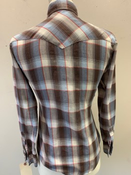 Mens, Western, SATURDAYS, Cream, Lt Blue, Dk Brown, Red, Gold, Poly/Cotton, Plaid, 14.5, S, Long Sleeves, Snap Front, Collar Attached, 2 Pockets,