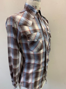 Mens, Western, SATURDAYS, Cream, Lt Blue, Dk Brown, Red, Gold, Poly/Cotton, Plaid, 14.5, S, Long Sleeves, Snap Front, Collar Attached, 2 Pockets,