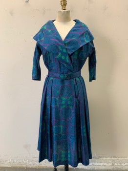N/L, Blue, Kelly Green, Purple, Black, Silk, Medallion Pattern, Animals, Portrait Collar, Double Breasted, 3/4 Sleeves, Pleated Skirt, Self Belt, Lining is Discolored