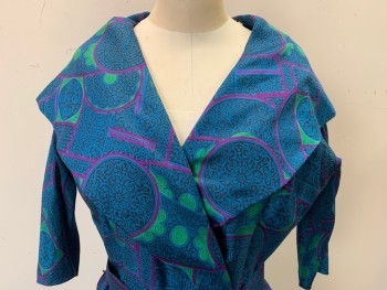 N/L, Blue, Kelly Green, Purple, Black, Silk, Medallion Pattern, Animals, Portrait Collar, Double Breasted, 3/4 Sleeves, Pleated Skirt, Self Belt, Lining is Discolored