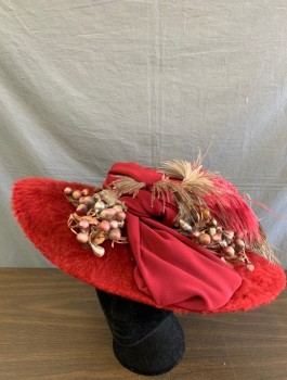 N/L, Cranberry Red, Taupe, Mauve Pink, Wool, Feathers, Fluffy Felt, Wide Brim, Short Flat Crown, Taupe and Mauve Ostrich Feather Plume, Metallic Taupe/Mauve "Berries" with Silk Leaves, Made To Order