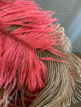 N/L, Cranberry Red, Taupe, Mauve Pink, Wool, Feathers, Fluffy Felt, Wide Brim, Short Flat Crown, Taupe and Mauve Ostrich Feather Plume, Metallic Taupe/Mauve "Berries" with Silk Leaves, Made To Order