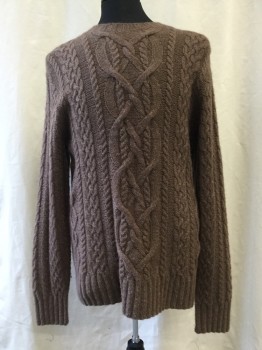 Mens, Pullover Sweater, TIMBERLAND, Brown, Wool, Viscose, Cable Knit, L, Crew Neck