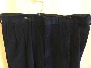 LANDS END, Navy Blue, Cotton, Elastane, Solid, Corduroy, 1.5" Waistband with Belt Hoops, 2 Pleat Front, Zip Front, 4 Pockets, Cuff Hem