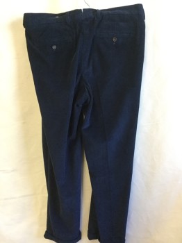 Mens, Casual Pants, LANDS END, Navy Blue, Cotton, Elastane, Solid, 38/32, Corduroy, 1.5" Waistband with Belt Hoops, 2 Pleat Front, Zip Front, 4 Pockets, Cuff Hem