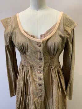 Womens, Historical Fiction Dress, N/L MTO, Olive Green, Ecru, Brown, Cotton, Calico , W:26, B:32, Long Sleeves, Empire Waist, Scoop Neck, Rustic Brown Buttons at Center Front, 2 Smocked Panels at Bust, Cap Detail at Armscyes,  Inner Lace Up Bodice, Floor Length, Beige/Brown Trim Panels at Hem, Aged and Faded Throughout, Made To Order Early 1800's Regency, Has a Double