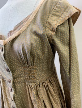 N/L MTO, Olive Green, Ecru, Brown, Cotton, Calico , Long Sleeves, Empire Waist, Scoop Neck, Rustic Brown Buttons at Center Front, 2 Smocked Panels at Bust, Cap Detail at Armscyes,  Inner Lace Up Bodice, Floor Length, Beige/Brown Trim Panels at Hem, Aged and Faded Throughout, Made To Order Early 1800's Regency, Has a Double