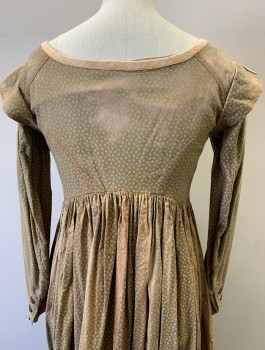Womens, Historical Fiction Dress, N/L MTO, Olive Green, Ecru, Brown, Cotton, Calico , W:26, B:32, Long Sleeves, Empire Waist, Scoop Neck, Rustic Brown Buttons at Center Front, 2 Smocked Panels at Bust, Cap Detail at Armscyes,  Inner Lace Up Bodice, Floor Length, Beige/Brown Trim Panels at Hem, Aged and Faded Throughout, Made To Order Early 1800's Regency, Has a Double