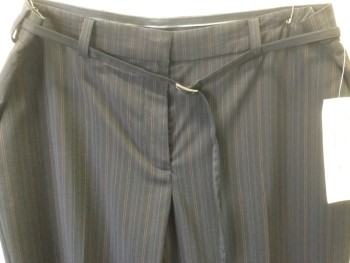 ANNE KLEIN, Black, Gray, Orange, Polyester, Viscose, Stripes - Pin, Flat Front, Wide Leg, Matching Belt