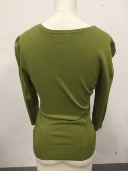 HALOGEN, Pea Green, Rayon, Nylon, Solid, Button Front, Scoop Neck, Ribbed Knit Collar/Cuff/Waistband, 3/4 Sleeve, Sleeve Gathered at Shoulder