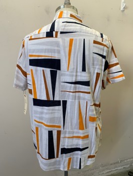 Mens, Casual Shirt, SEAN JOHN, White, Navy Blue, Orange, Brown, Lt Gray, Linen, Cotton, Abstract , Geometric, 2 XL, Button Front, Collar Attached, Short Sleeves, 1 Pocket,