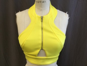 BEBE, Neon Yellow, Polyester, Spandex, Solid, Cropped Halter Top, Zip Front with Triangle Cut-out Bottom,  Short Zip Back