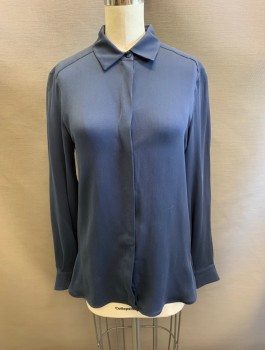 Womens, Blouse, MAX MARA , Navy Blue, Polyester, Solid, 2, Collar Attached, Button Front, Long Sleeves