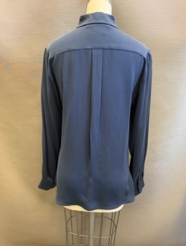 Womens, Blouse, MAX MARA , Navy Blue, Polyester, Solid, 2, Collar Attached, Button Front, Long Sleeves