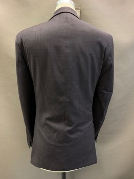 Mens, Suit, Jacket, CALVIN KLEIN, Plum Purple, Black, Wool, Plaid - Tattersall, 38L, 2 Buttons, Single Breasted, Notched Lapel, 3 Pockets