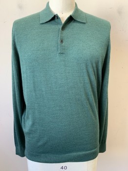 Nordstrom, Jade Green, Polyester, Wool, Heathered, L/S, C.A., 3 Buttons, Pullover