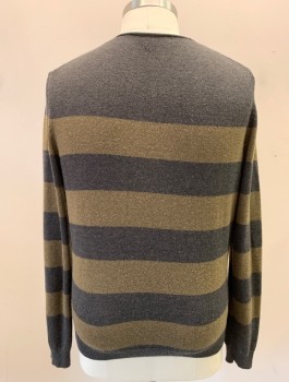 Mens, Pullover Sweater, VINCE, Dk Gray, Olive Green, Wool, Nylon, Stripes - Horizontal , XL, Knit, Rolled Edge Round Neck, Long Sleeves