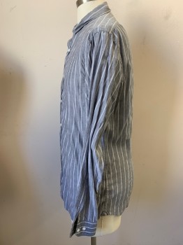 BANANA REPUBLIC, Lt Gray, White, Cotton, Linen, Stripes - Vertical , Long Sleeves, Button Front, Wide Spread Collar