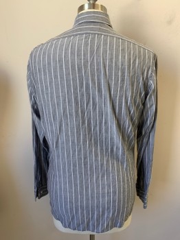 BANANA REPUBLIC, Lt Gray, White, Cotton, Linen, Stripes - Vertical , Long Sleeves, Button Front, Wide Spread Collar